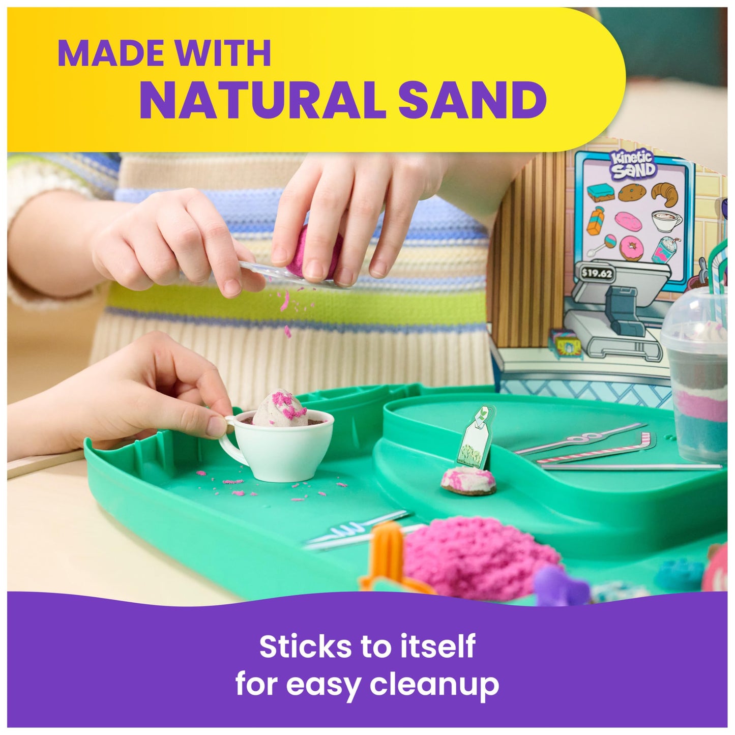 Kinetic Sand, Café Case with 793g Play Sand in 4 Colours, 9 Tools and Moulds, Storage, Kids’ Toys for Girls and Boys Aged 5 and up