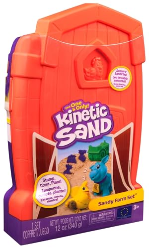 Kinetic Sand, Sandy Farm Set with 340g Play Sand, 6 Tools and Moulds, Reusable Barn Storage Case, Toddler Toys, Kids’ Toys for Girls and Boys Aged 3 and up