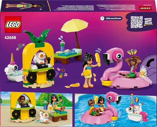 LEGO Friends Unicorn & Flamingo Pool Party Toy with Animal 'Floaties', 2 Mini Dolls, Churro the Cat & Accessories incl. a DJ Booth & Sunbeds - Creative Gift for 5+ Year Old girls - 42658