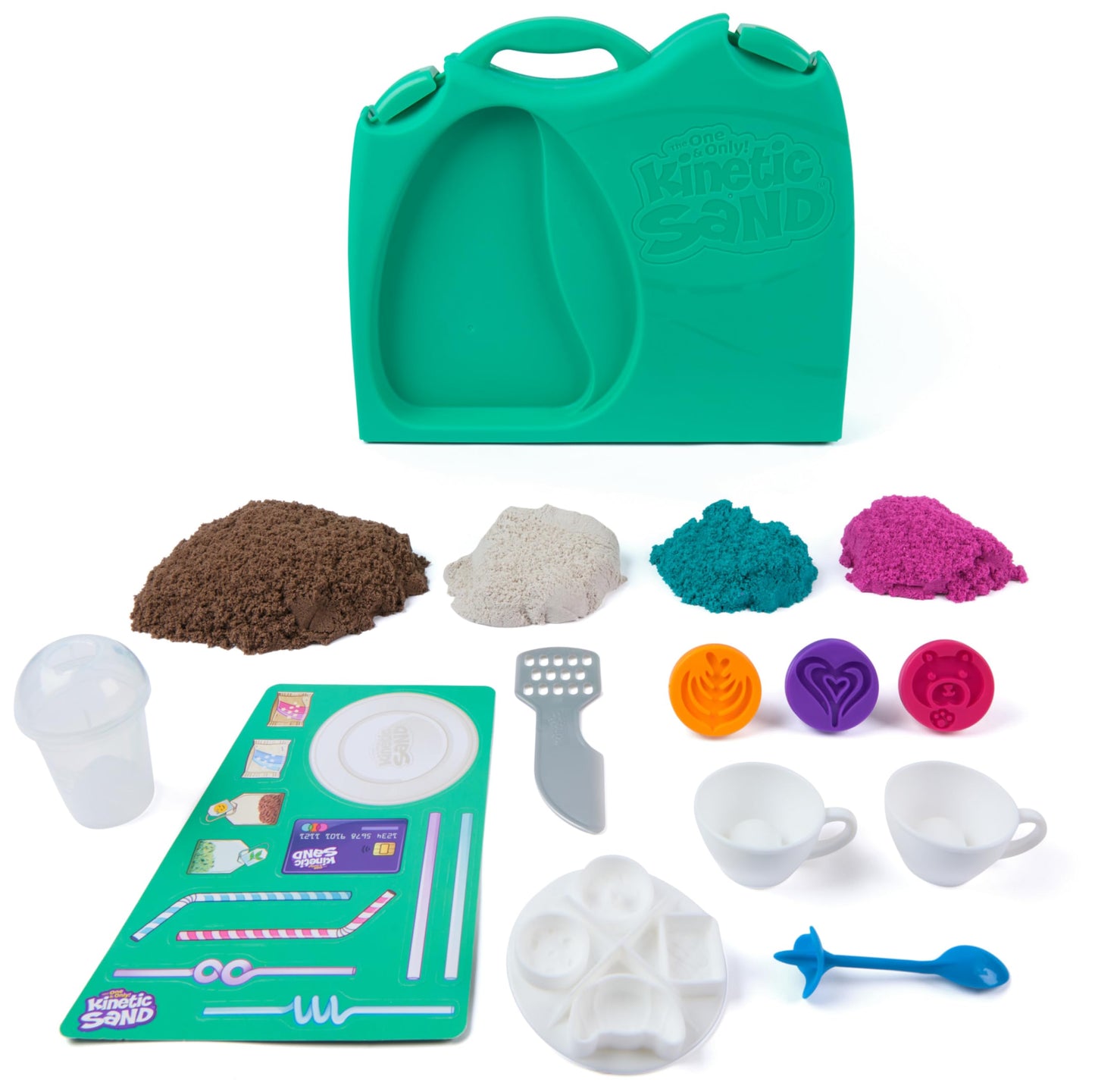 Kinetic Sand, Café Case with 793g Play Sand in 4 Colours, 9 Tools and Moulds, Storage, Kids’ Toys for Girls and Boys Aged 5 and up