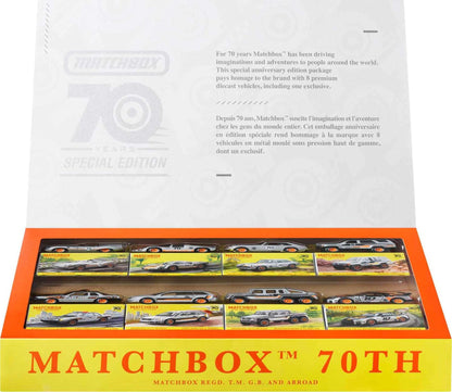 Matchbox Cars, Set of 8 Die-Cast Cars in 1:64 Scale with Premium Decos Including 1 Exclusive Vehicle, True Grip Tires, Platinum-Tone Finish, For Collectors