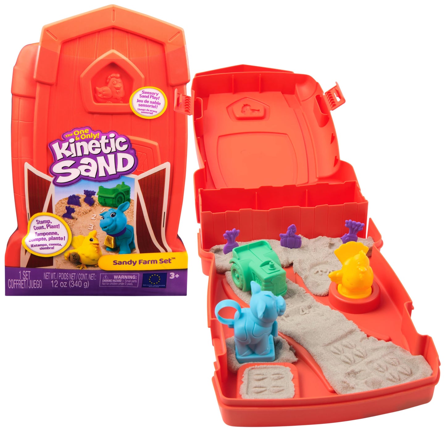 Kinetic Sand, Sandy Farm Set with 340g Play Sand, 6 Tools and Moulds, Reusable Barn Storage Case, Toddler Toys, Kids’ Toys for Girls and Boys Aged 3 and up