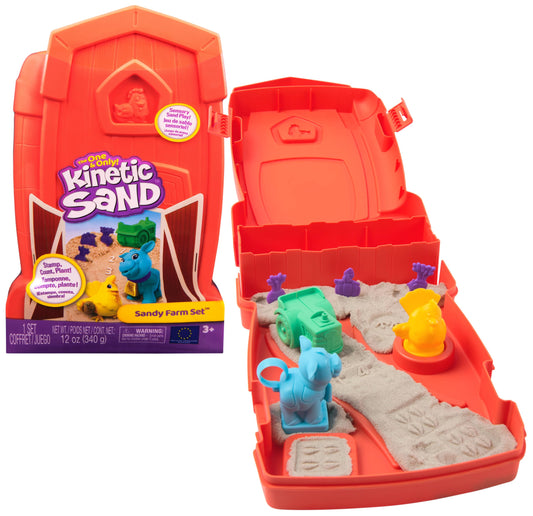 Kinetic Sand, Sandy Farm Set with 340g Play Sand, 6 Tools and Moulds, Reusable Barn Storage Case, Toddler Toys, Kids’ Toys for Girls and Boys Aged 3 and up