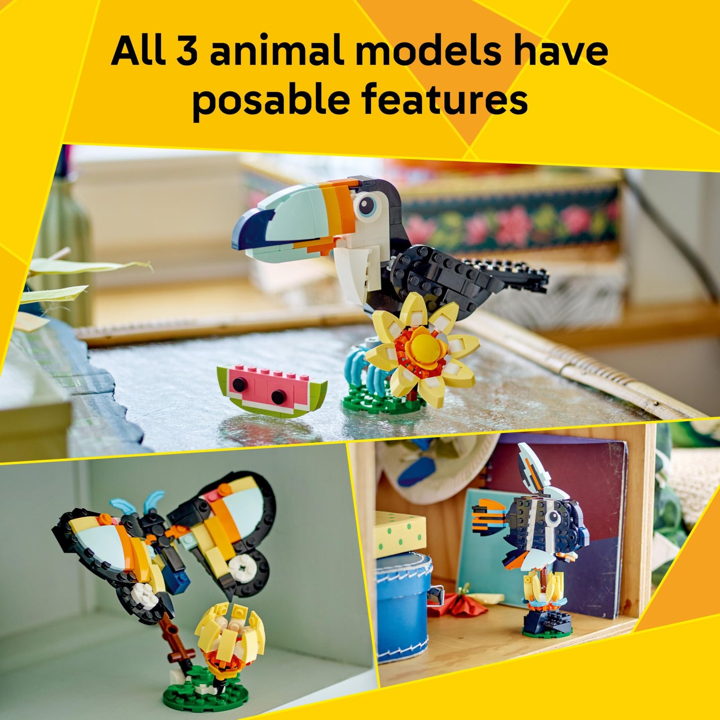 LEGO Creator 3in1 Wild Animals: Tropical Toucan with a Flower - Toy Animal Transforms into a Butterfly Figure or a Tropical Fish - Creative Gift for 7+ Year Old Girls & Boys - 31173