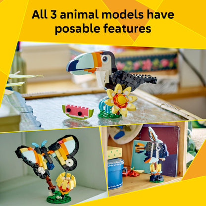 LEGO Creator 3in1 Wild Animals: Tropical Toucan with a Flower - Toy Animal Transforms into a Butterfly Figure or a Tropical Fish - Creative Gift for 7+ Year Old Girls & Boys - 31173