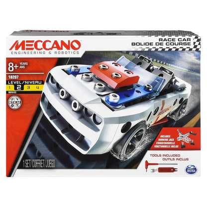 Meccano Engineering & Robotics Race Car Building Kit, STEM Construction Set with Metal Parts, Working Jack and Tools Included, Ages 8+, Level 2, Model 18207