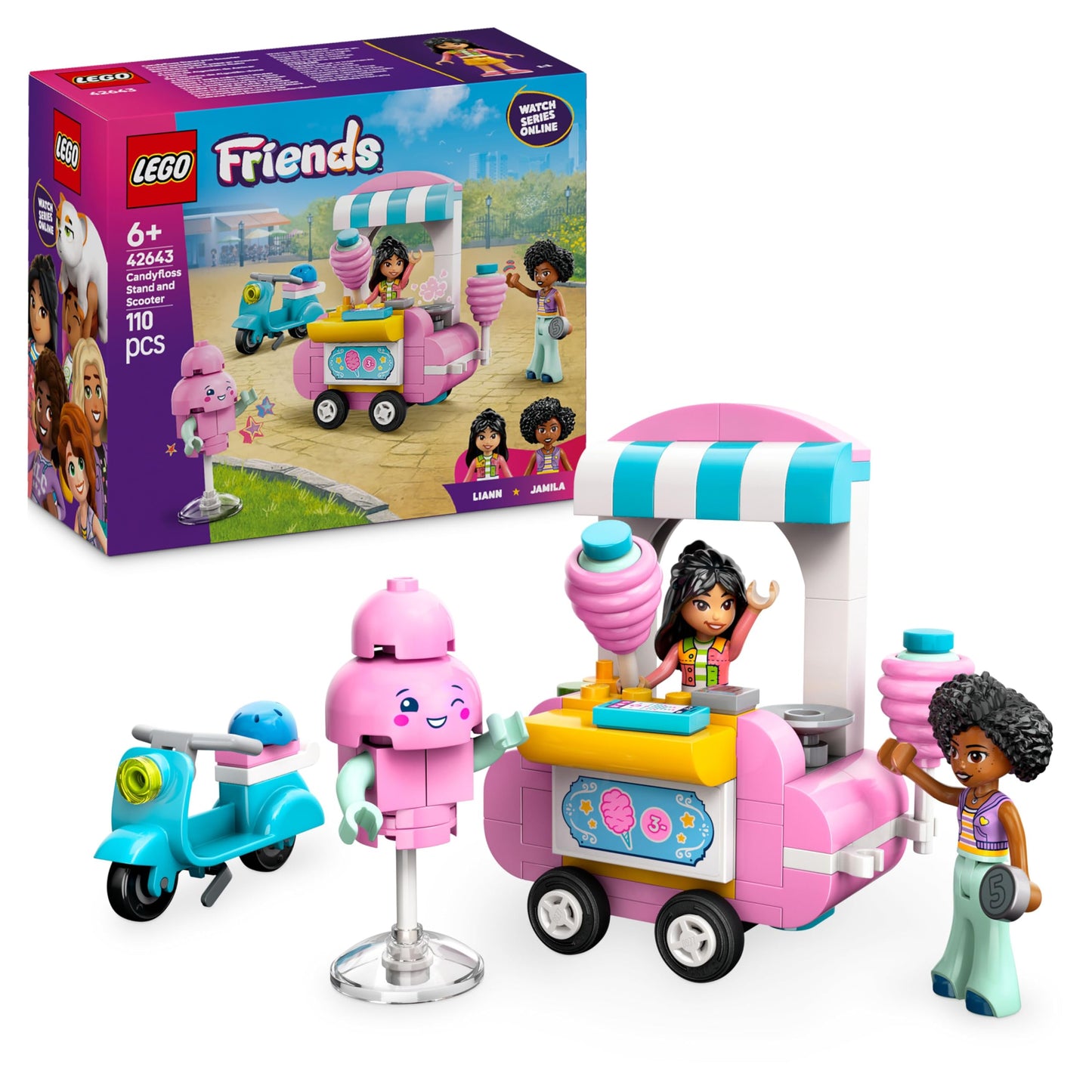 LEGO Friends Candyfloss Stand and Scooter Toy, Kids’ Creative Building Set with 2 Character Mini Dolls, Wheelable Food Cart and Accessories, Gift for 6 Plus Year Old Girls 42643