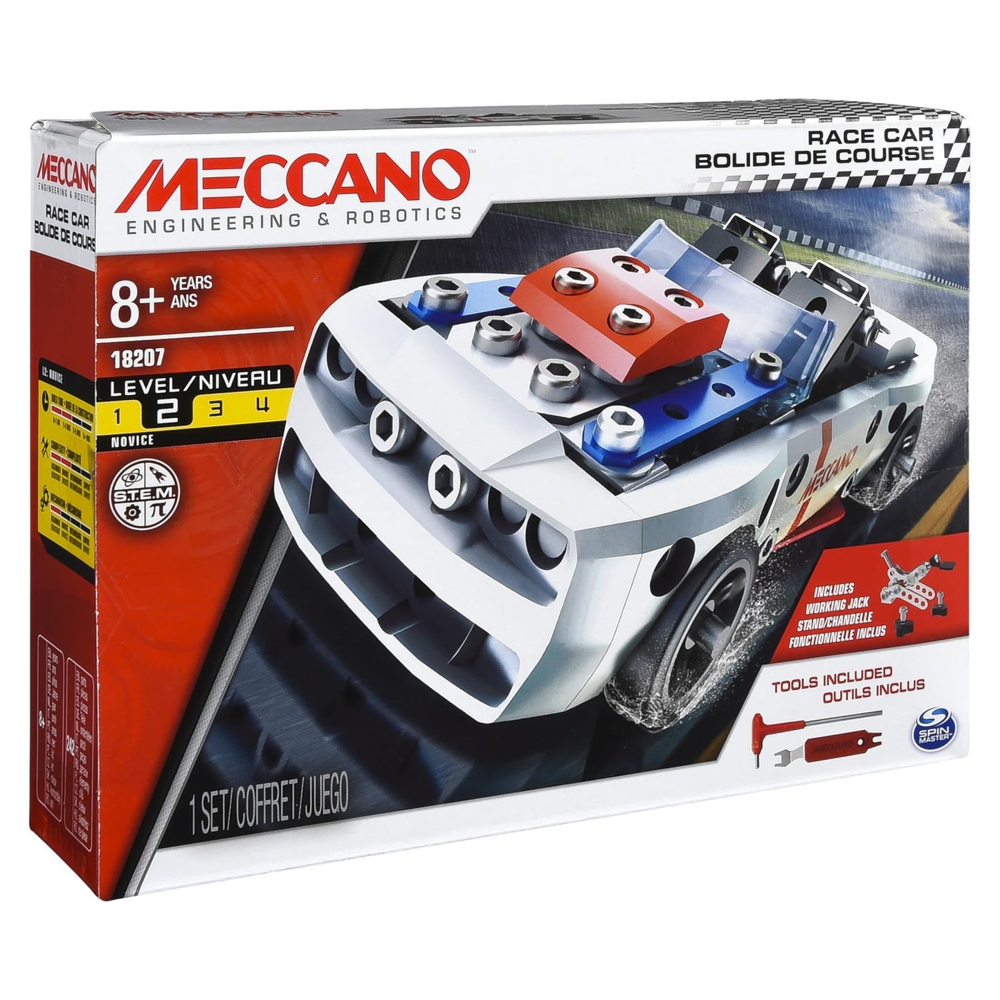 Meccano Engineering & Robotics Race Car Building Kit, STEM Construction Set with Metal Parts, Working Jack and Tools Included, Ages 8+, Level 2, Model 18207