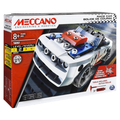 Meccano Engineering & Robotics Race Car Building Kit, STEM Construction Set with Metal Parts, Working Jack and Tools Included, Ages 8+, Level 2, Model 18207