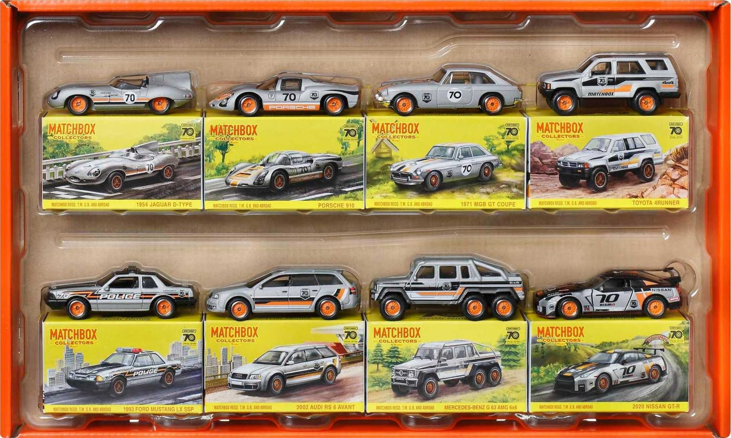 Matchbox Cars, Set of 8 Die-Cast Cars in 1:64 Scale with Premium Decos Including 1 Exclusive Vehicle, True Grip Tires, Platinum-Tone Finish, For Collectors