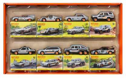 Matchbox Cars, Set of 8 Die-Cast Cars in 1:64 Scale with Premium Decos Including 1 Exclusive Vehicle, True Grip Tires, Platinum-Tone Finish, For Collectors