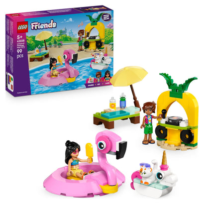 LEGO Friends Unicorn & Flamingo Pool Party Toy with Animal 'Floaties', 2 Mini Dolls, Churro the Cat & Accessories incl. a DJ Booth & Sunbeds - Creative Gift for 5+ Year Old girls - 42658