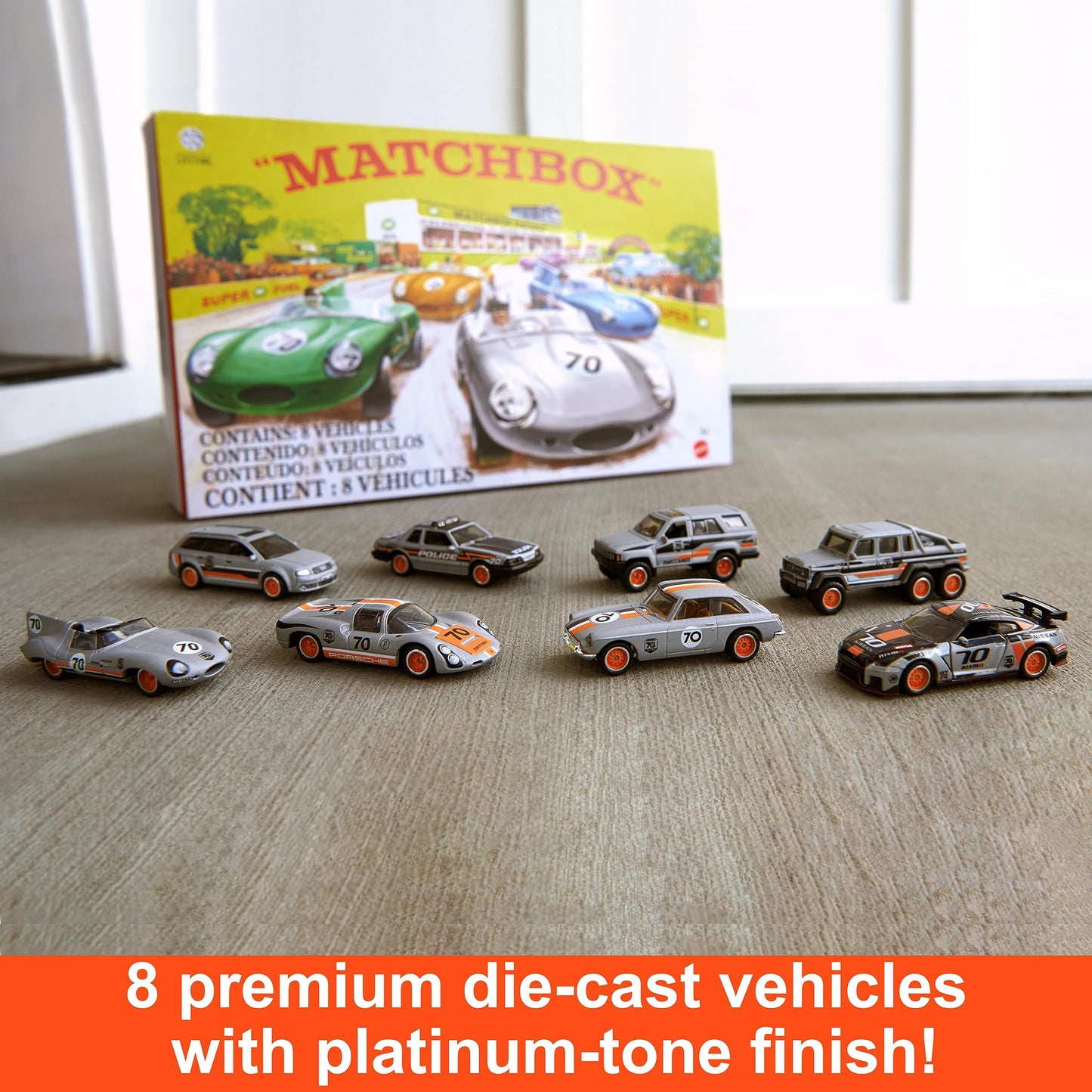 Matchbox Cars, Set of 8 Die-Cast Cars in 1:64 Scale with Premium Decos Including 1 Exclusive Vehicle, True Grip Tires, Platinum-Tone Finish, For Collectors