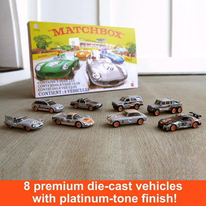 Matchbox Cars, Set of 8 Die-Cast Cars in 1:64 Scale with Premium Decos Including 1 Exclusive Vehicle, True Grip Tires, Platinum-Tone Finish, For Collectors