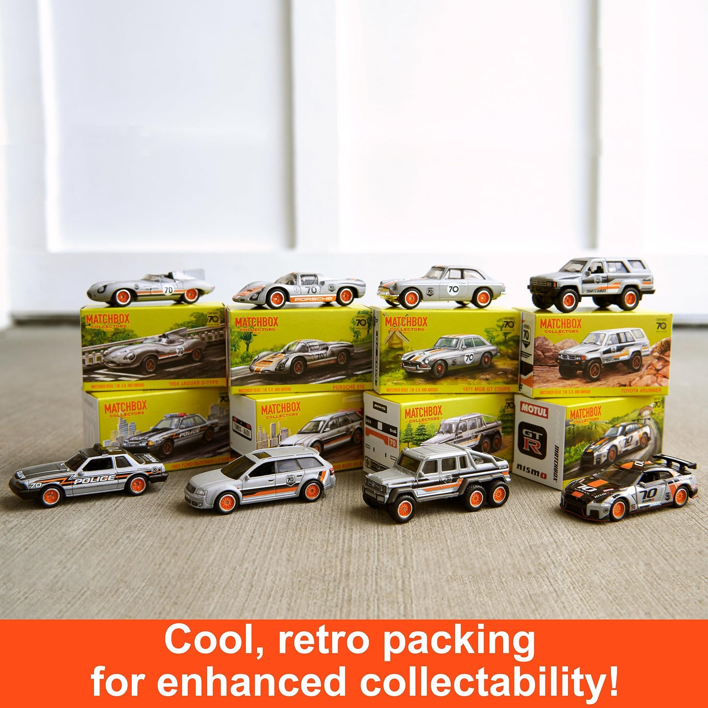 Matchbox Cars, Set of 8 Die-Cast Cars in 1:64 Scale with Premium Decos Including 1 Exclusive Vehicle, True Grip Tires, Platinum-Tone Finish, For Collectors
