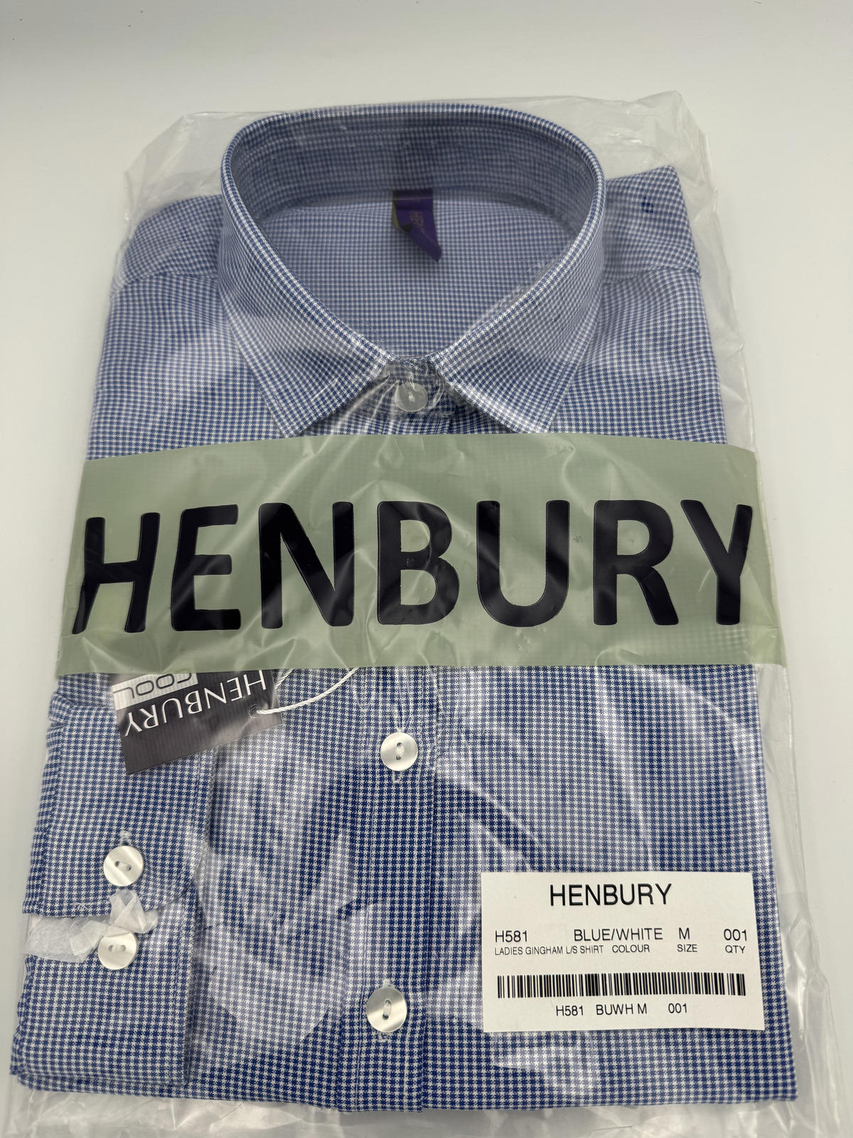 Henbury Blue/White Ladies Gingham Long Sleeve Shirt L
