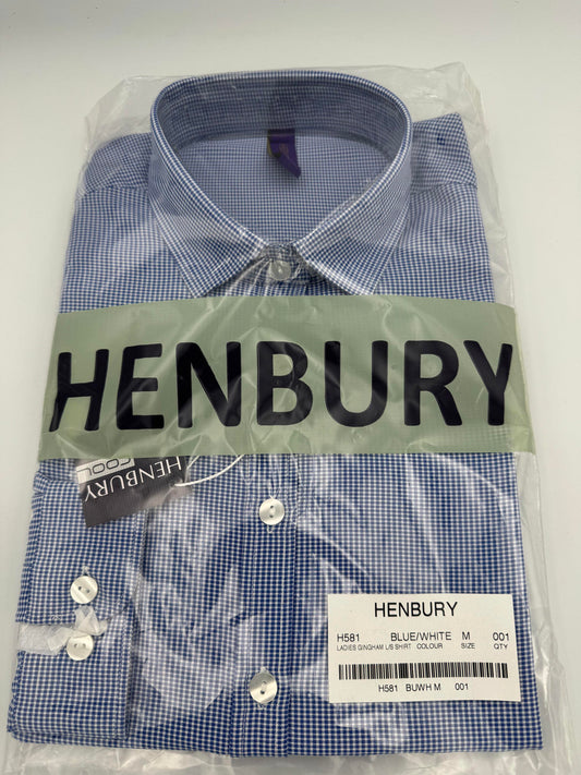 Henbury Blue/White Ladies Gingham Long Sleeve Shirt L